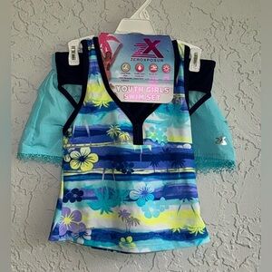 ZeroXposur Kids 3-Piece Swimsuit Set- Blue and Yellow Floral- Size 10/12
